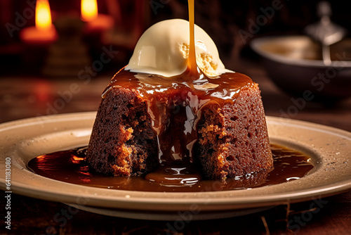 Fototapete Sticky toffee pudding , a British dessert consisting of a moist sponge cake, cov