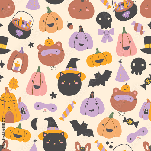 Cute Halloween Seamless Pattern. Soft Halloween with Baby animals. 