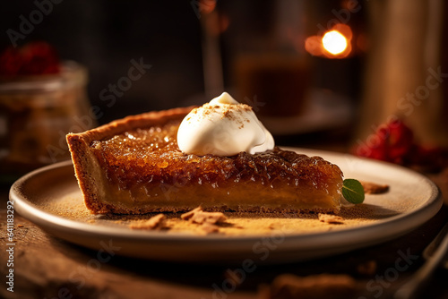 Treacle tart served on a wooden plate,  a sweet pastry consisting of a buttery shortcrust base and a gooey filling made from  golden syrup, breadcrumbs and lemon zest photo