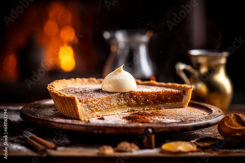 Treacle tart served on a wooden plate,  a sweet pastry consisting of a buttery shortcrust base and a gooey filling made from  golden syrup, breadcrumbs and lemon zest photo
