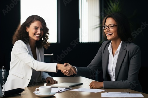 Wallpaper Mural Happy mid aged business woman manager handshaking at office meeting. Smiling female HR hiring recruit at job interview, bank or insurance agent, lawyer making contract deal with client at work. Torontodigital.ca
