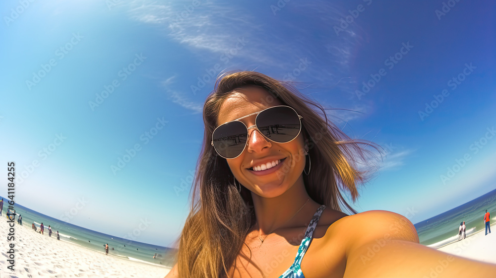 Beautiful young woman doing selfie on the beach. Action cam style, wide angle Beautiful young woman doing selfie on the beach. Action cam style, wide angle