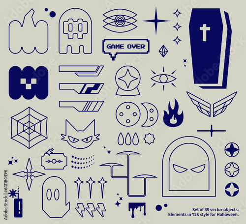 A set of 35 elements in Y2K style for Halloween. Set of vector elements for web use.
