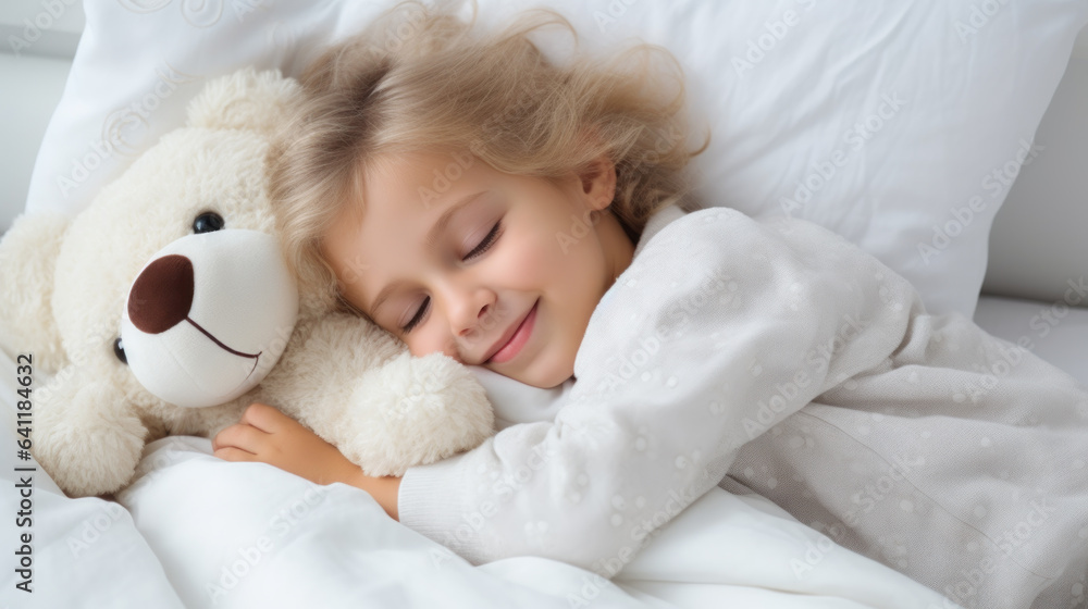 Peaceful 4-year-old girl sleeping contentedly, clutching her cherished teddy bear closely Peaceful 4-year-old girl sleeping contentedly, clutching her cherished teddy bear closely