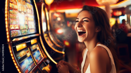 Ecstatic woman celebrating a jackpot win at the slot machine in a bustling casino