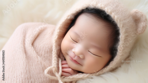 Sleeping newborn baby portrait, cozily adorned with a snug little cap