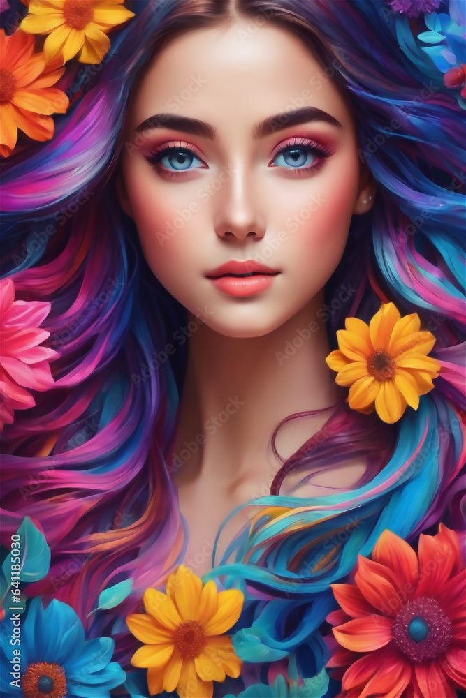 Portrait of beautiful young woman with bright make-up and colorful flowers Portrait of beautiful young woman with bright make-up and colorful flowers