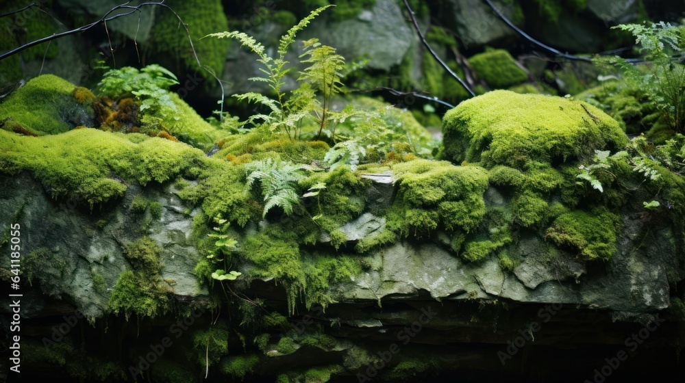 Lush moss and tiny plants thriving on ancient stone | generative ai Lush moss and tiny plants thriving on ancient stone | generative ai