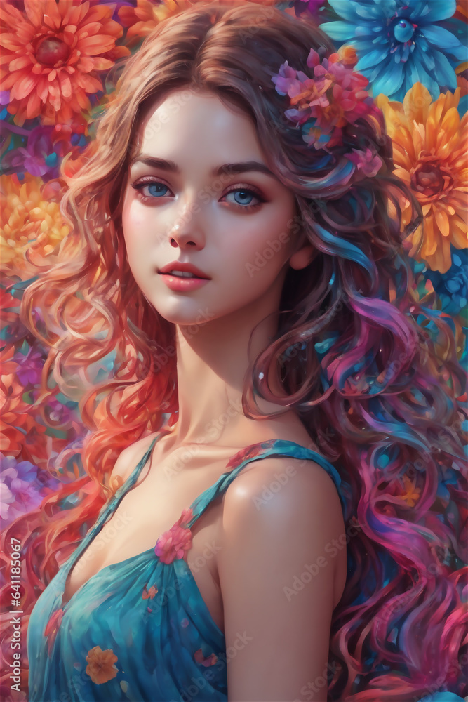 Portrait of beautiful young woman with bright make-up and colorful flowers Portrait of beautiful young woman with bright make-up and colorful flowers