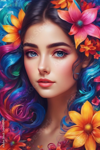 Portrait of beautiful young woman with bright make-up and colorful flowers