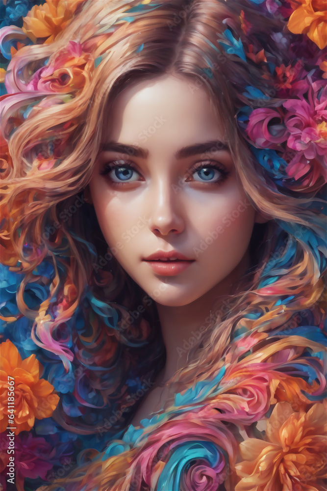 Portrait of beautiful young woman with bright make-up and colorful flowers Portrait of beautiful young woman with bright make-up and colorful flowers