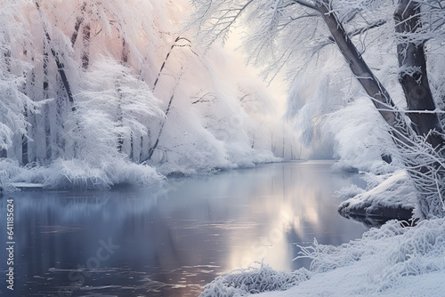 The river, frozen in time, mirrors the frosted trees that line it, creating a glistening winter landscape