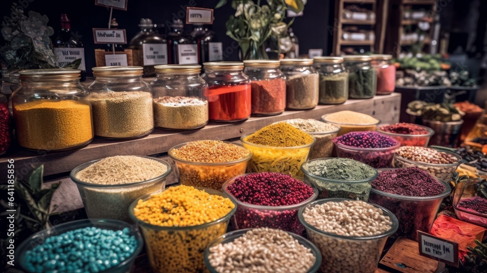Fototapeta premium Vibrant Flavors: A Colorful Fusion of Asian Spice, Turkish Bazaar, and Wholesome Ingredients in a Market of Exotic Fruits and Healthy Dried Nuts, generative AI