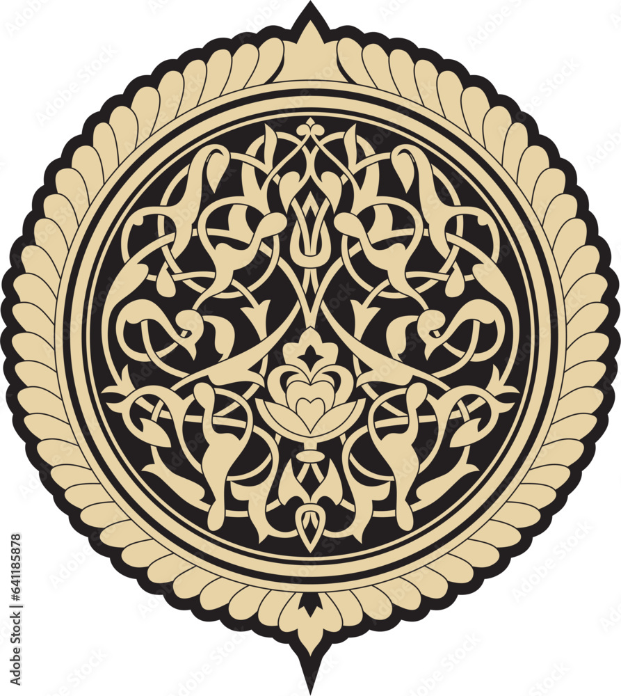 Vector gold and black round Arabic ornament. Muslim patterned medallion.. Vector gold and black round Arabic ornament. Muslim patterned medallion..