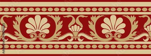Vector gold and red seamless classic renaissance ornament. Endless european border, revival style frame..