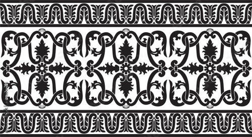 Vector monochrome black seamless classic renaissance ornament. Endless european border, revival style frame..