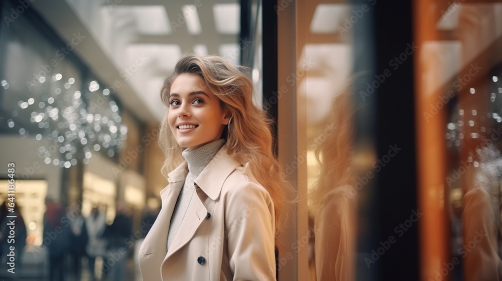 Happy young woman in an elegant clothes coat on sale in the mall Happy young woman in an elegant clothes coat on sale in the mall