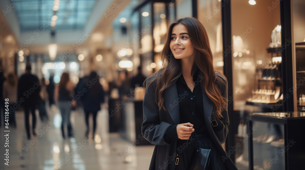Fototapeta premium Happy young woman in an elegant clothes coat on sale in the mall