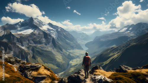  a person climbing the top of a mountain with a stunning panoramic view © ginstudio