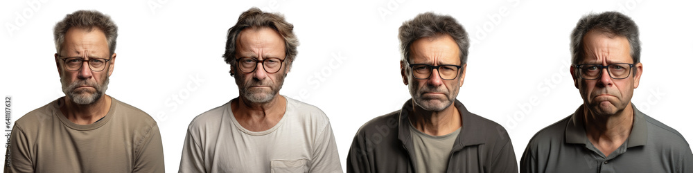 Mature Caucasian man in beige shirt and glasses feeling sadness guilt and isolation on transparent background Mature Caucasian man in beige shirt and glasses feeling sadness guilt and isolation on transparent background