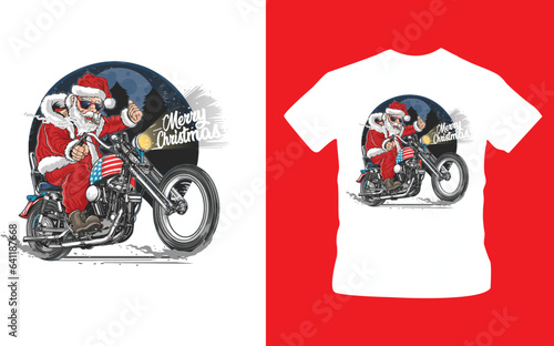 santa claus christmas usa america tour biker motorcycle, motorbike, cooper vector illustration t-shirt design editable template  