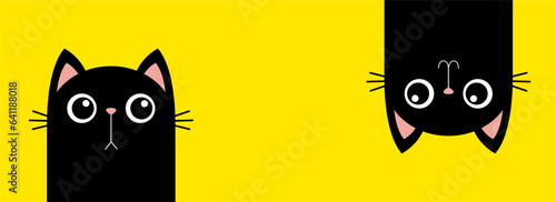Cat set line. Two black kitten face silhouette. Hanging upside down. Funny Cute kawaii cartoon baby character. Happy Halloween. Notebook sticker print template. Flat design. Yellow background