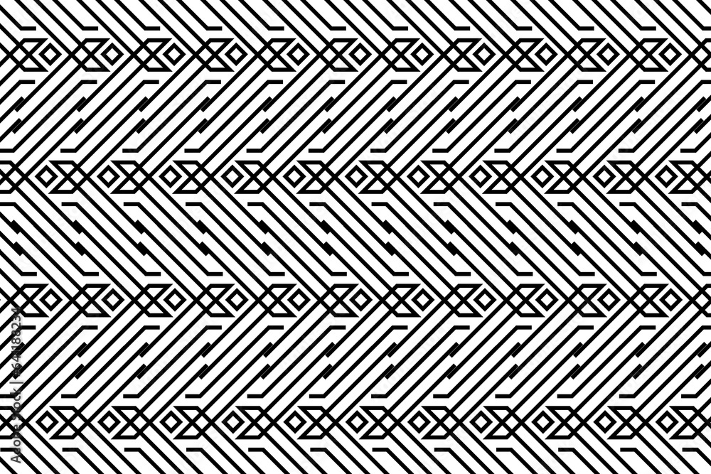 Black and white abstract patterned background. Linear striped stylized pattern, abstract ornate graphic element, for cover, cards, backgrounds, effects and other design projects.