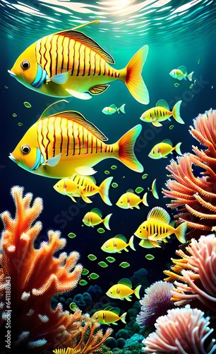 Butterfly fish gracefully gliding through a coral reef, their colorful patterns catching sunlight © BakiBullah