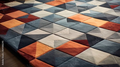 Modern geometric carpet on wooden floor, living area rug and interior room rug texture design.