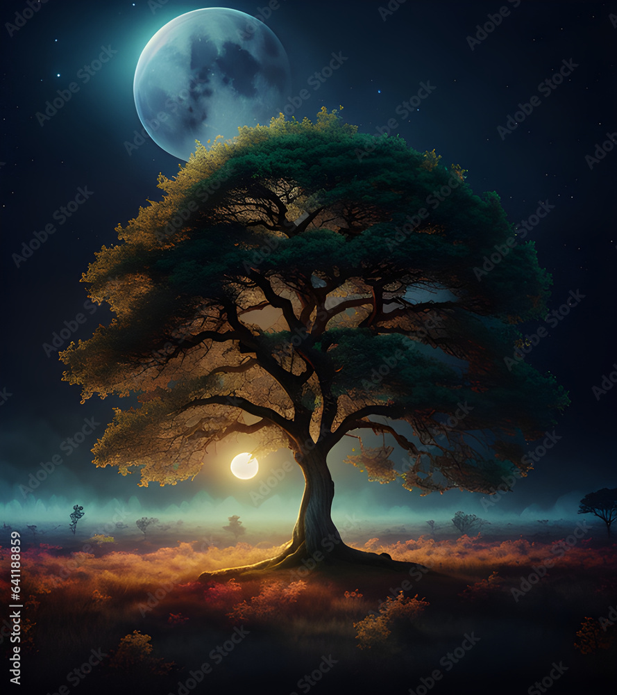 Drzewo w nocy na tle księżyca - obrazy, fototapety, plakaty 