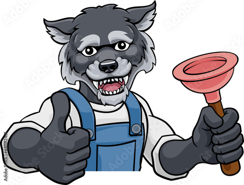 Wolf Plumber Cartoon Mascot...