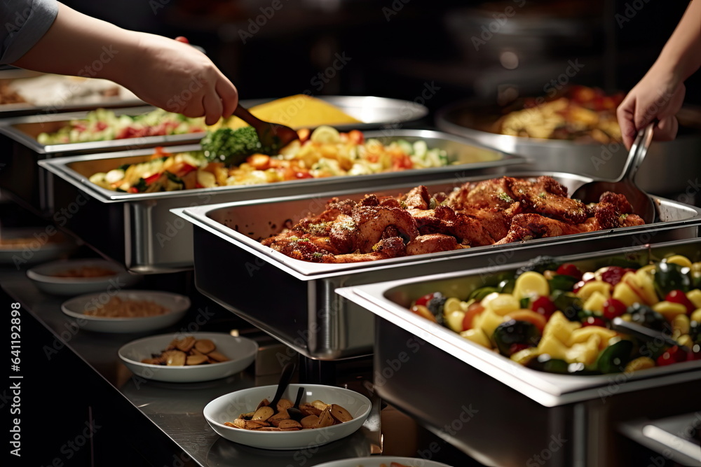 Scooping the food, buffet food at restaurant, catering