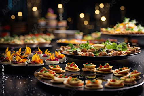 Buffet food  catering food party at restaurant  mini canapes  snacks and appetizers