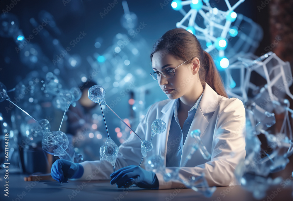 Female medical research scientist using futuristic virtual interface of a gene in a modern science laboratory. Concept of using futuristic technologies.