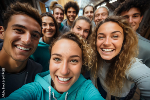 Multicultural group of young people smiling together at camera - Happy friends taking selfie pic with smartphone outdoors - Life style concept with guys and girls. Model by AI generative © StockWorld