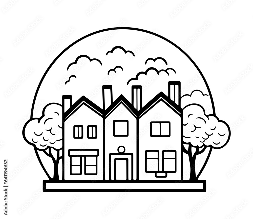 Fototapeta premium Vector linear black and white cute houses