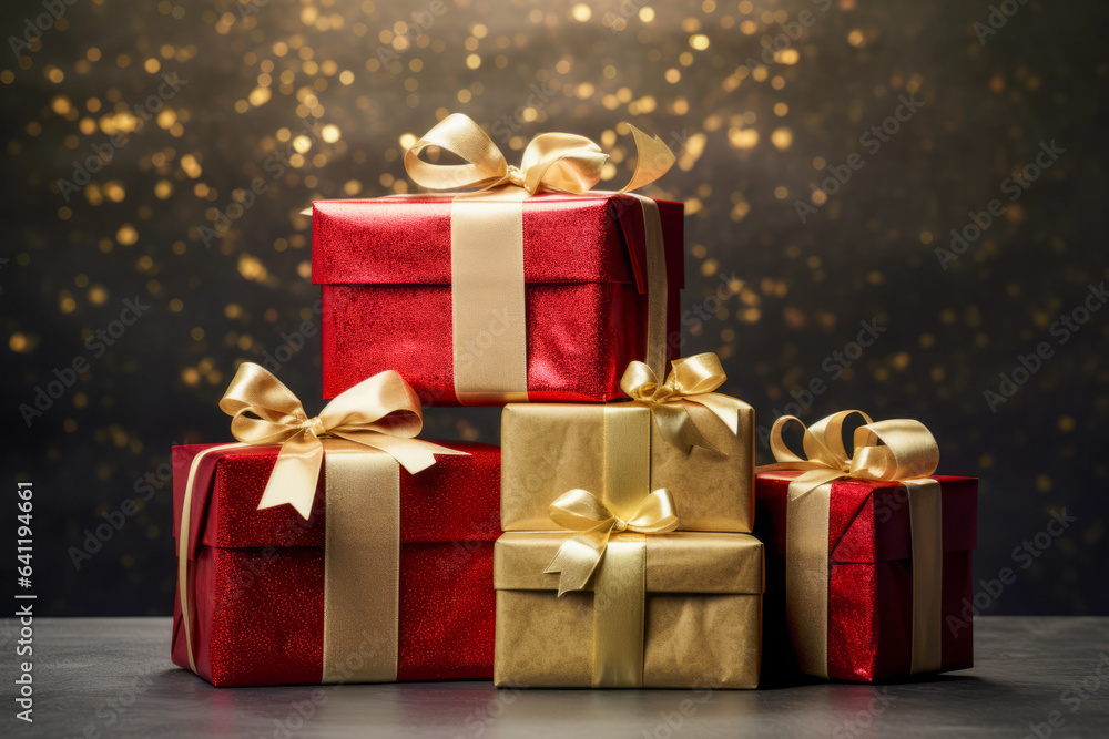Stack of Wrapped Gifts in Various Colors with Gold Confetti Stack of Wrapped Gifts in Various Colors with Gold Confetti