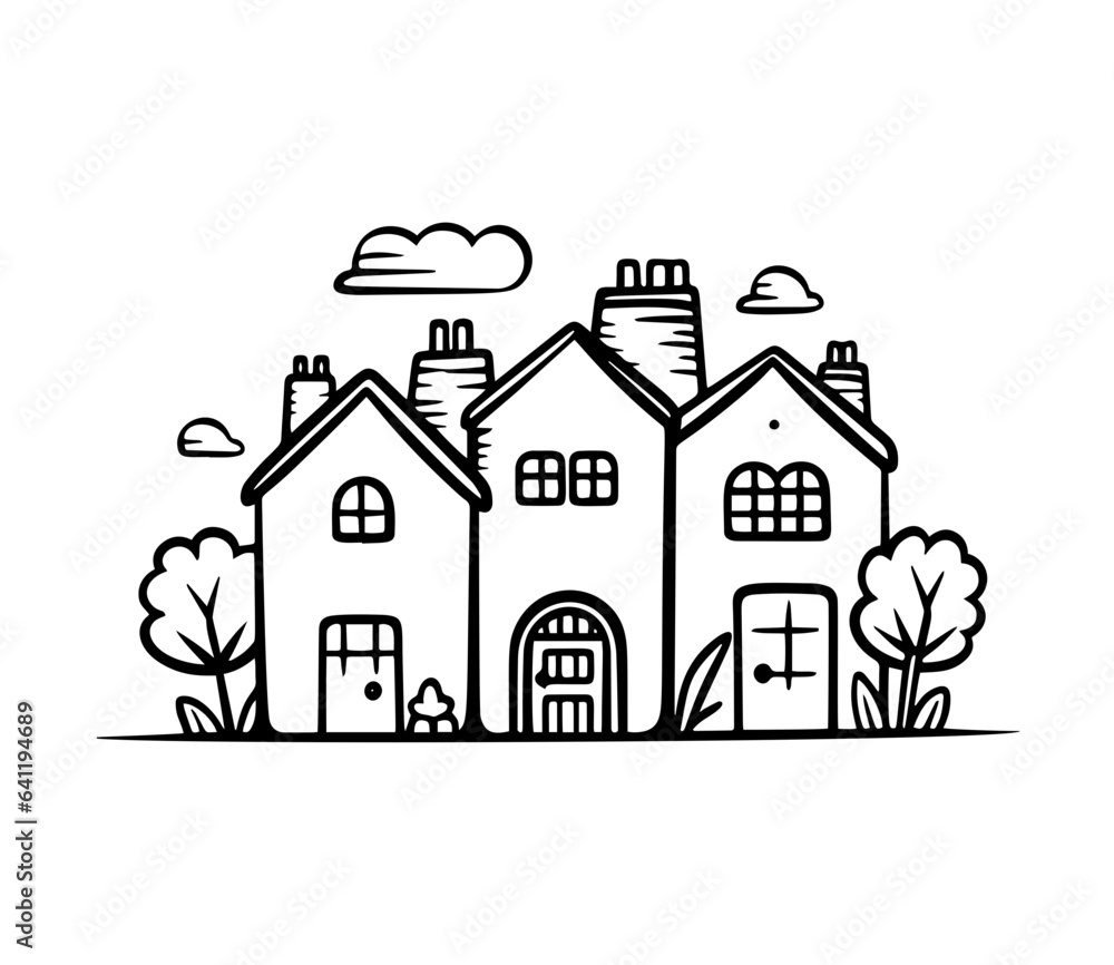 Vector linear black and white cute houses