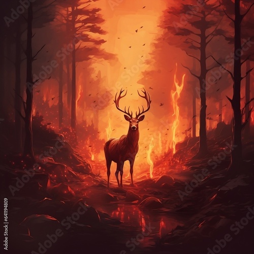 illustration painting of the deer with its fire horns standing on rocks in forest fire, digital art style