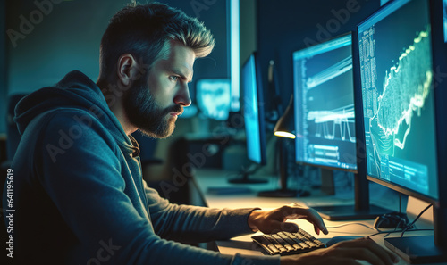Male tester coding on desktop computer with two monitors in IT office during late hours.