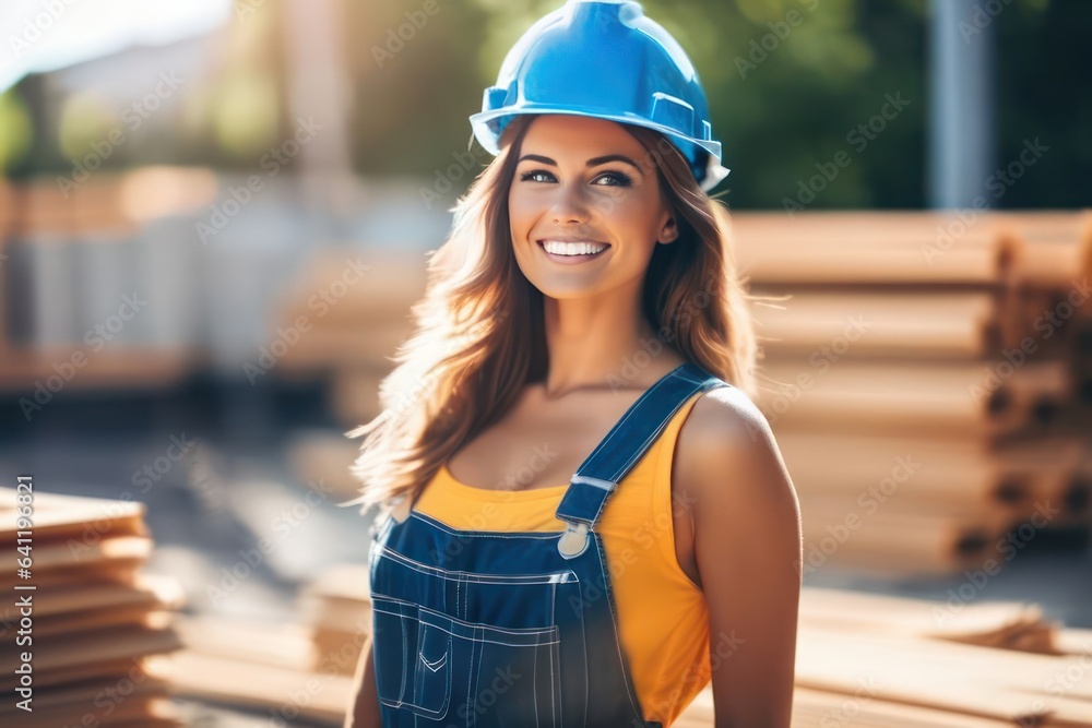 Portrait of woman worker with smiling to camera at manufacturing area. Generative AI Portrait of woman worker with smiling to camera at manufacturing area. Generative AI