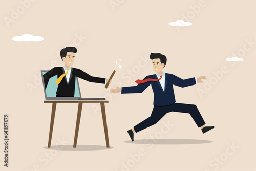 Business passing the baton, handing over work or teamwork to win business concept, coworkers coming out from inside the laptop handing over the baton to achieve success together.