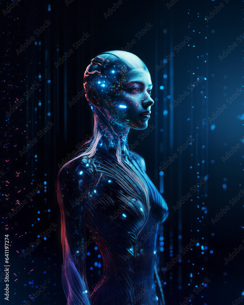 High Tech Female Android with Cybernetic Enhancements in Futuristic Setting High Tech Female Android with Cybernetic Enhancements in Futuristic Setting