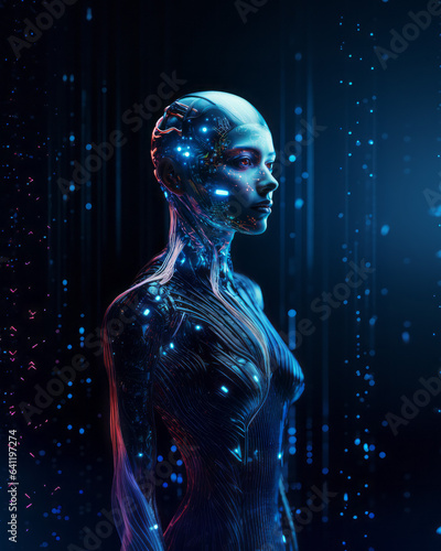 An ethereal holographic android stands against a backdrop of shimmering digital constellations