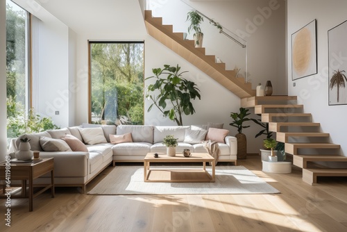 Stylish white living room with white leather sofa, comfortable wooden armchair, floor lamp, and wooden stairs leading to second floor. Staircase in apartment. Potted plant. Sunbeams in room © Irina Mikhailichenko