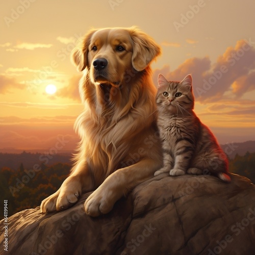 a golden retriever and a cat sit on top of a rock at sunset, in the style of photo-realistic landscapes, movie poster, mural painting, toyen, firmin baes, close up, light red and amber photo