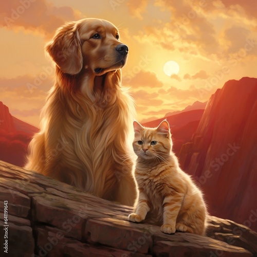 a golden retriever and a cat sit on top of a rock at sunset, in the style of photo-realistic landscapes, movie poster, mural painting, toyen, firmin baes, close up, light red and amber photo