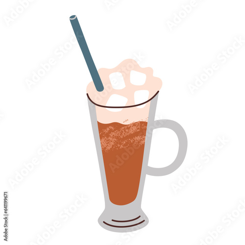 Marshmallow cold brew icon, vector doodle illustration of trendy coffee with toasted marshmallows, hot chocolate for cozy autumn mood, glass of sweet drink with straw, isolated colored clipart