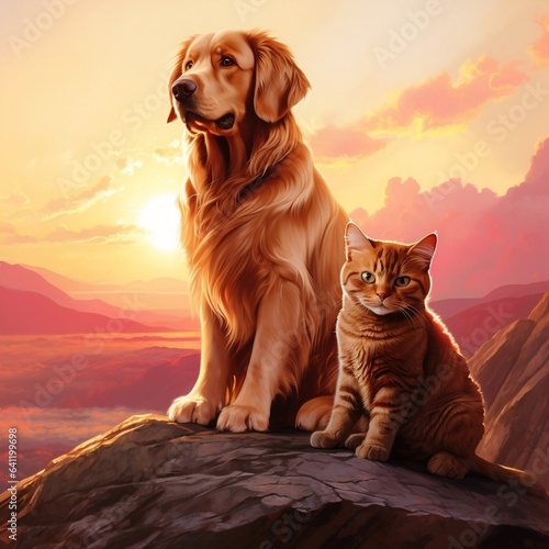 a golden retriever and a cat sit on top of a rock at sunset, in the style of photo-realistic landscapes, movie poster, mural painting, toyen, firmin baes, close up, light red and amber photo