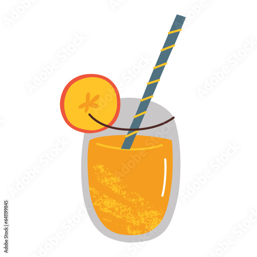 Pumpkin juice icon, vector doodle illustration of thanksgiving drink with pumpkin slice, menu for halloween, harvest punch in glass with straw, isolated colored clipart on white background